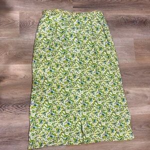 VTG 90s Y2K Daisy Print Yellow Button Down Rayon Maxi Skirt 12